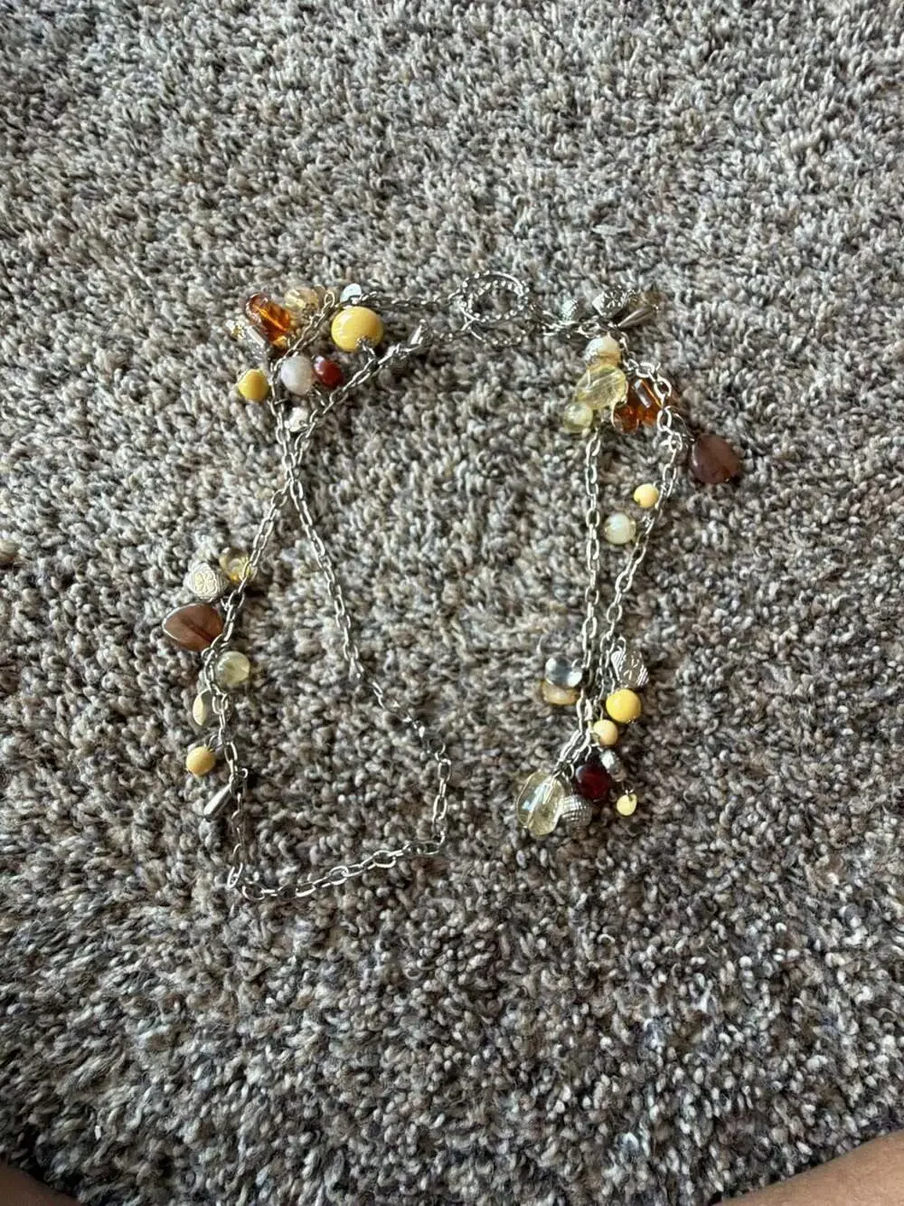 Chunky Silver-Tone Chain Necklace with Multi-Color Amber and Yellow Beaded Charm